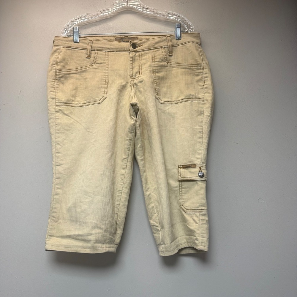 Femme-e Cargo Capri Pants Womens 14 Beige Tan Excellent Stretch Utility‎ Tapered
